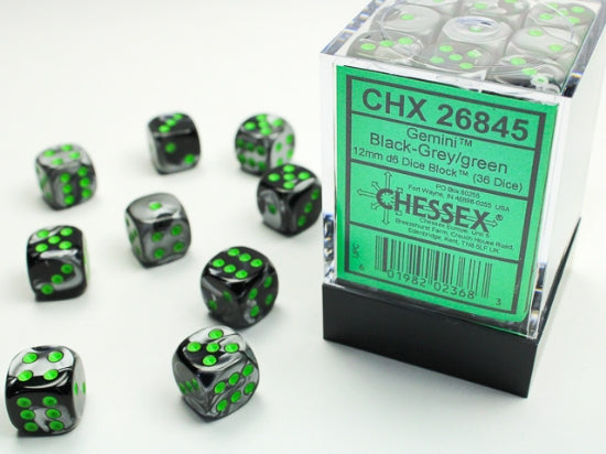 Chessex Gemini Black-Grey-Green 36 Dice – D6 – 12mm