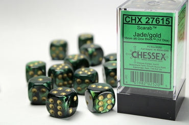 Chessex Scarab Jade/gold Plastic Polyhedral Dice Set Includes 12 Dice – D6 – 16mm