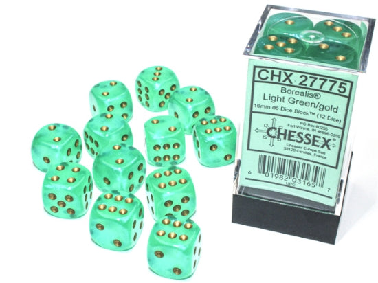 Chessex Borealis Light Green/Gold Plastic Polyhedral Dice Set Includes 12 Dice – D6 – 16mm