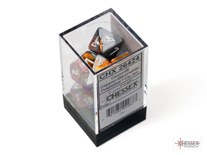 chessex Gemini Copper-Steel/white Polyhedral 7-Dice Set