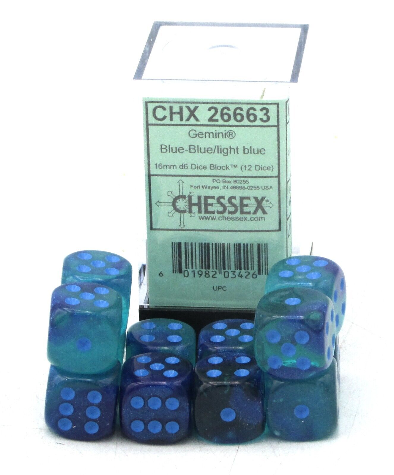 Chessex Gemini Blue-Blue/light blue Plastic Polyhedral Dice Set Includes 12 Dice – D6 – 16mm