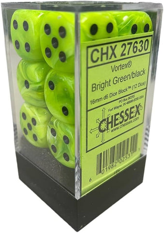 Chessex Vortex Bright Green/black Plastic Polyhedral Dice Set Includes 12 Dice – D6 – 16mm