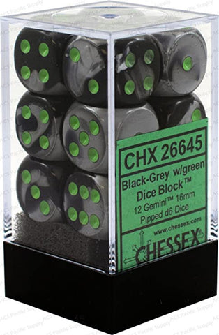 Chessex Gemini Black-Grey/green Plastic Polyhedral Dice Set Includes 12 Dice – D6 – 16mm