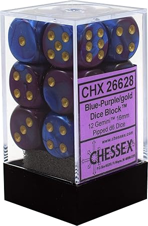 Chessex Gemini Blue-Purple/Gold Plastic Polyhedral Dice Set Includes 12 Dice – D6 – 16mm