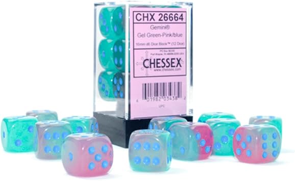 Chessex Gemini Gel Green-pink/blue Plastic Polyhedral Dice Set Includes 12 Dice – D6 – 16mm