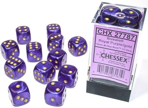 Chessex Borealis Royal Purple/Gold Plastic Polyhedral Dice Set Includes 12 Dice – D6 – 16mm