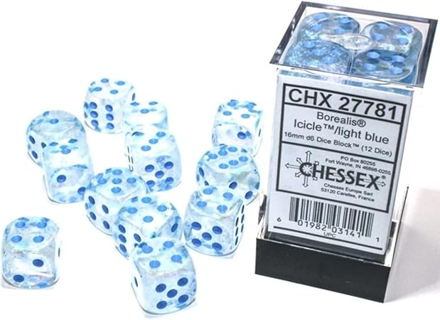 Chessex Borealis Icicle/Light blue Plastic Polyhedral Dice Set Includes 12 Dice – D6 – 16mm