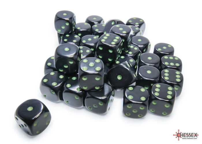 Chessex Opaque 12mm d6 Black/Green Dice Block (36 Dice)