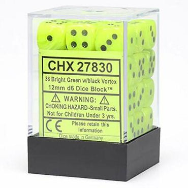 Chessex Vortex Bright Green-Black 36 Dice – D6 – 12mm